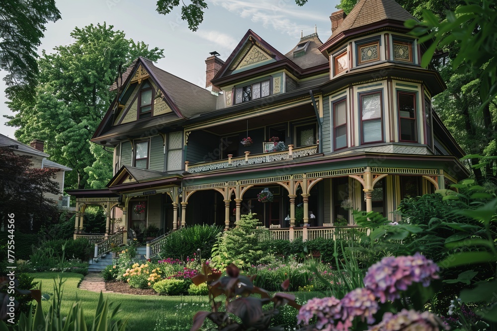 Professional Photography of a Historic Victorian Home With Ornate Details, Wrap-Around Porch, and Lush Garden, Generative AI