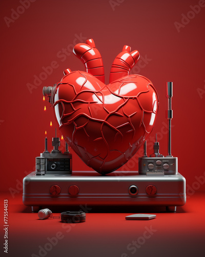 Critical Care: A high-tech ECG monitor displaying a critical heart rate, rendered in hyper-realistic clay style, set against an urgent crimson background, reflecting the critical role of electrocardio photo