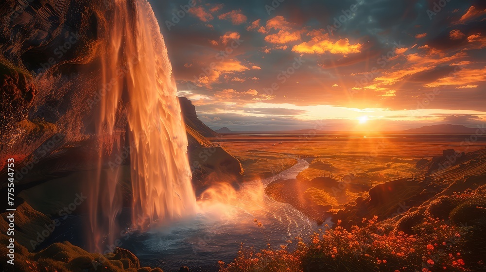 Seljalandsfoss Sunset Glow, Showcase the mesmerizing Seljalandsfoss waterfall in Iceland bathed in the warm hues of the setting sun, casting a magical glow over the surrounding landscape - obrazy, fototapety, plakaty 
