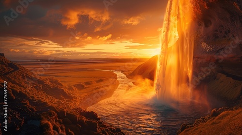 Seljalandsfoss Sunset Glow, Showcase the mesmerizing Seljalandsfoss waterfall in Iceland bathed in the warm hues of the setting sun, casting a magical glow over the surrounding landscape © Chom