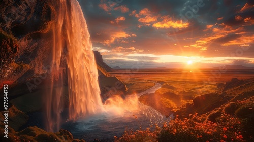 Seljalandsfoss Sunset Glow, Showcase the mesmerizing Seljalandsfoss waterfall in Iceland bathed in the warm hues of the setting sun, casting a magical glow over the surrounding landscape