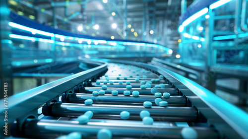 Pharmaceutical factory of the future, conveyor belts of pills, panoramic view, cool blue lights