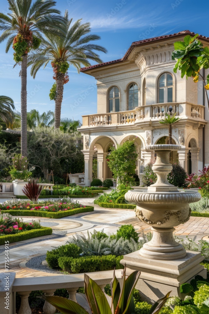 Professional Photography of a Luxurious Mansion Showcasing its Grand Exterior, Landscaped Gardens, and Expansive Grounds, Generative AI