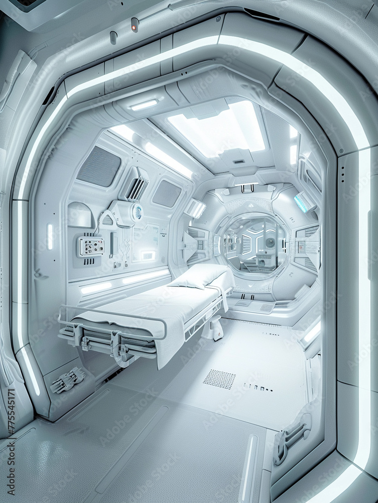 Space station medical bay, zero gravity, wide lens, stark white and silver color scheme Space station medical bay, zero gravity, wide lens, stark white and silver color scheme