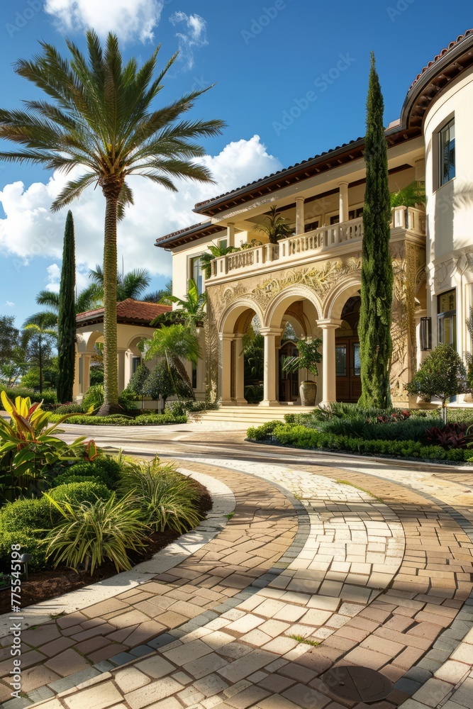 Professional Photography of a Luxurious Mansion Showcasing its Grand Exterior, Landscaped Gardens, and Expansive Grounds, Generative AI