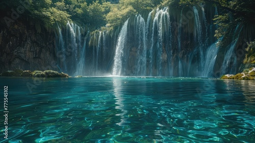 Plitvice Waterfalls Reflections  Showcase the mirror-like reflections of the cascading waterfalls of Plitvice Lakes National Park  Croatia  in the crystal-clear turquoise waters 