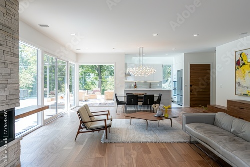 Professional Photography of a Mid-Century Modern Home With Clean Lines, Open Floor Plan, and Minimalist Aesthetics, Generative AI