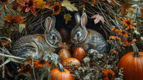 Pumpkin patch hideaway with bunnies among orange and black painted eggs