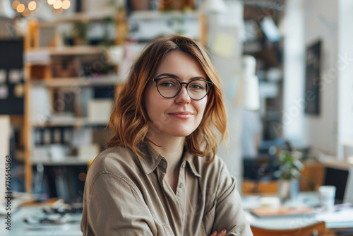 30-year-old female CEO, successful startup, working in office. photo