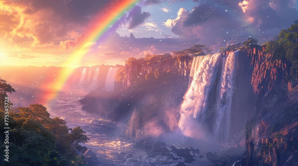 Victoria Falls Rainbow, Showcase the stunning rainbow arching over Victoria Falls, created by the sunlight hitting the mist rising from the falls, symbolizing nature's breathtaking artistry