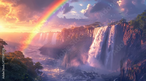 Victoria Falls Rainbow  Showcase the stunning rainbow arching over Victoria Falls  created by the sunlight hitting the mist rising from the falls  symbolizing nature s breathtaking artistry