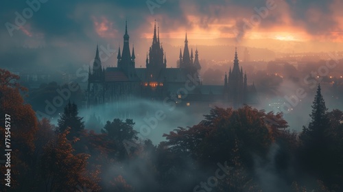 Majestic Castle Shrouded in Mist, A Fantasy Realm Comes to Life at Dusk