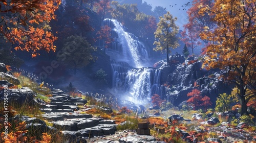 Waterfall trails, Showcase the journey to reach a waterfall, highlighting the scenic trails and pathways that lead visitors through breathtaking landscapes
