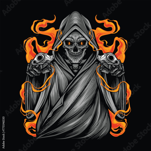 skull reaper holding handgun vector