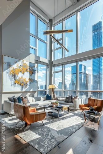 Professional Photography of a Modern Urban Loft With Floor-to-Ceiling Windows, Sleek Interior Design, and Panoramic City Views, Generative AI (ID: 775546339)
