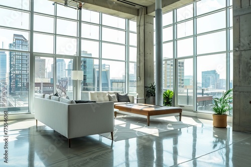 Professional Photography of a Modern Urban Loft With Floor-to-Ceiling Windows, Sleek Interior Design, and Panoramic City Views, Generative AI (ID: 775546361)