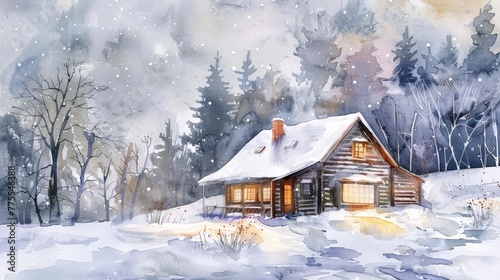 Cozy Winter Cottage in Snowy Landscape with Warm Glowing Windows, Nostalgic Watercolor Painting