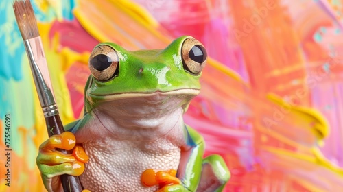 Curious tree frog holding a paintbrush on colorful paint background. Creative animal art concept