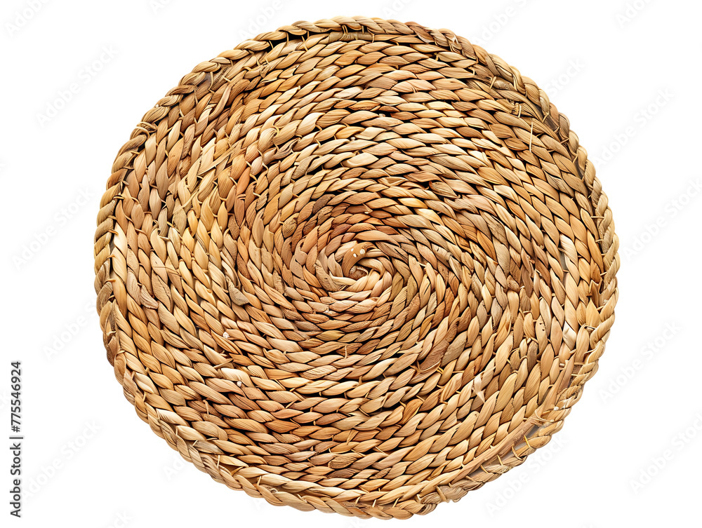 A top-down perspective of a circular rattan mat, displayed against a white background.



