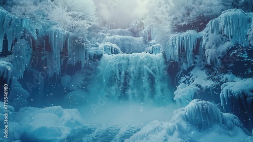 Frozen waterfall, Capture the stark beauty of a waterfall frozen in time during the winter months, highlighting the delicate icicles and crystalline formations