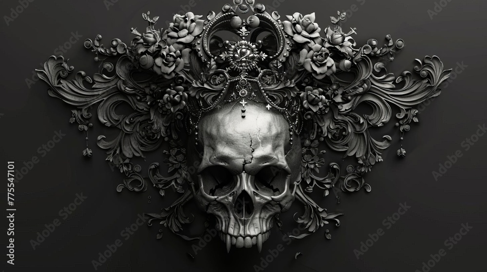 Fototapeta premium Dark and mysterious queen skull adorned with intricate crown, macabre medieval fantasy Digital Illustration