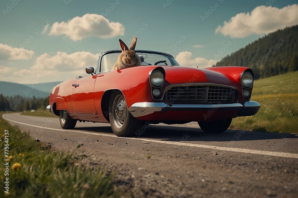 Easter bunny drives quickly to Easter in a retro red car Easter bunny drives quickly to Easter in a retro red car