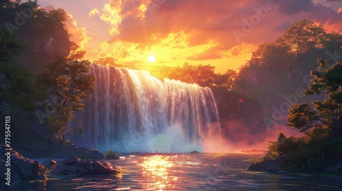 Sunset waterfall, Showcase the mesmerizing beauty of a waterfall illuminated by the warm hues of a sunset, creating a stunning and romantic ambiance