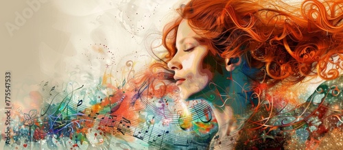 A woman with red hair blowing a musical note