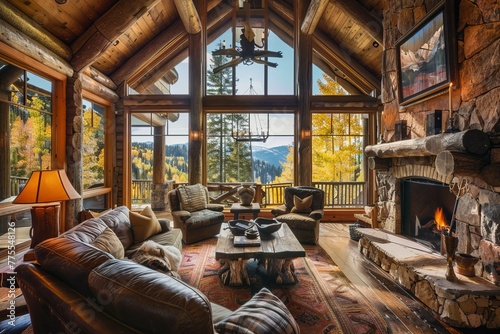 Professional Photography of a Mountain Retreat Cabin Nestled in the Forest, Featuring Cozy Interiors, Stone Fireplace, and Panoramic Views of Towering Peaks, Generative AI (ID: 775548126)