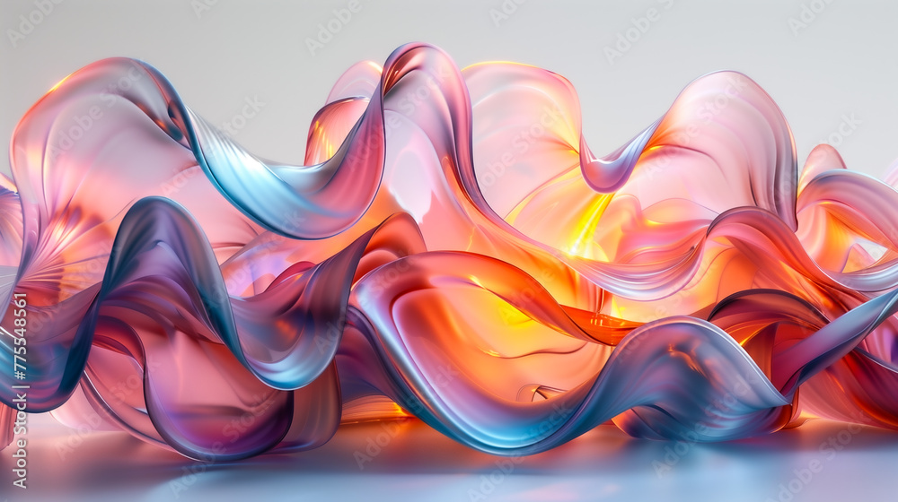 abstract translucent amorphous glass flowing fluid waves with colorful gradient of purple, pink, and orange tones on white background. - obrazy, fototapety, plakaty 