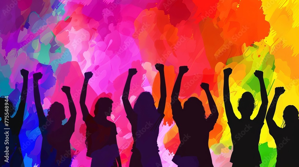 Diverse Group of People at Rally with Rainbow Colors, Celebrating International Women's Day, Digital Art Diverse Group of People at Rally with Rainbow Colors, Celebrating International Women's Day, Digital Art