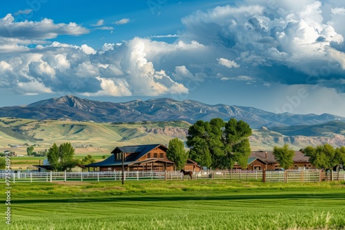 Professional Photography of a Sprawling Ranch Property With Vast Open Spaces, Horse Stables, and Scenic Mountain Views, Generative AI