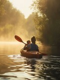 A woman and child in a kayak on a river. Generative AI.