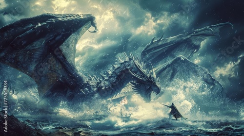 Dramatic digital illustration of a fierce dragon engaged in an epic battle with a brave knight, set against a stormy, medieval fantasy landscape