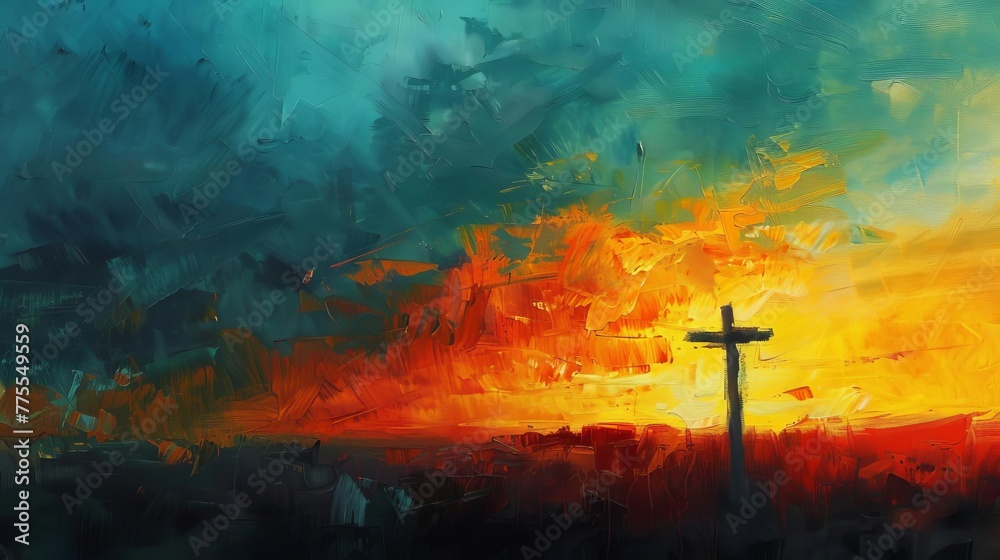 Naklejka premium Dramatic sunset sky with sacred crucifix silhouette signifying redemption and faith, oil painting