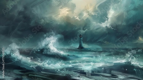 Dramatic Stormy Sea with Crashing Waves and Lighthouse, Moody Digital Seascape Painting