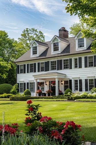 Professional Photography of a Suburban Colonial-Style Home With a Manicured Front Lawn, Classic Architecture, and Traditional Interiors, Generative AI (ID: 775549536)