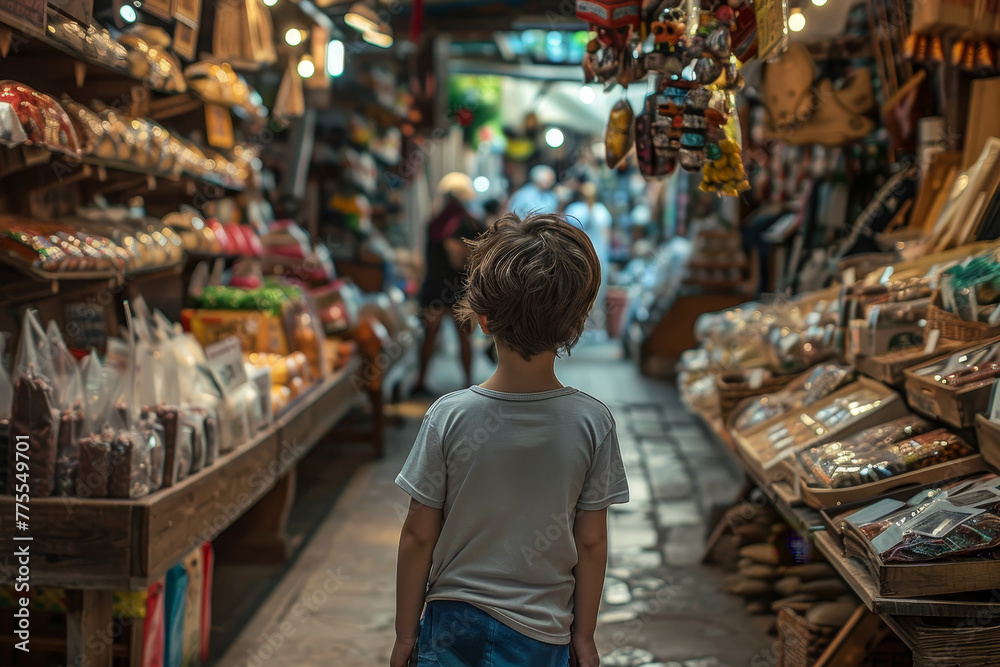 A young boy stands in a market aisle, looking at the various items for sale