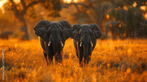 Pair of Elephants Dusk Walking Through Savannah Two Africa Safari Travel