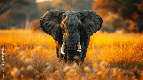 Majestic African Elephant Roaming Evening Sunlight Safari Travel Savannah Wild