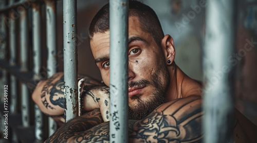 a sad guy full of tattoo inside prison cell