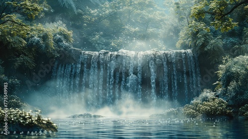 Mystical waterfall, Capture the ethereal and otherworldly atmosphere of a waterfall shrouded in mist or surrounded by mystical elements, evoking a sense of magic and enchantment
