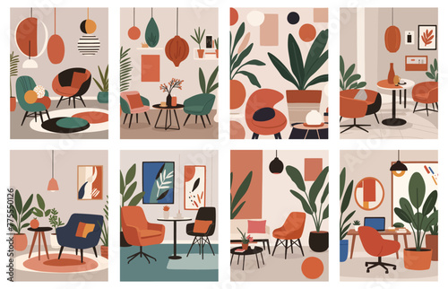 Modern Set of a Serene Living Room. Flat Vector Illustration.