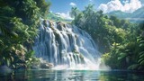 Adventure destination, Convey the sense of excitement and adventure associated with visiting a waterfall as part of an outdoor exploration or travel adventure