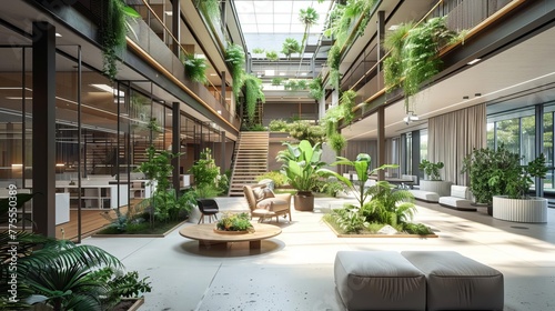 Eco-conscious office building with a focus on green architecture  integrating natural light and plant life