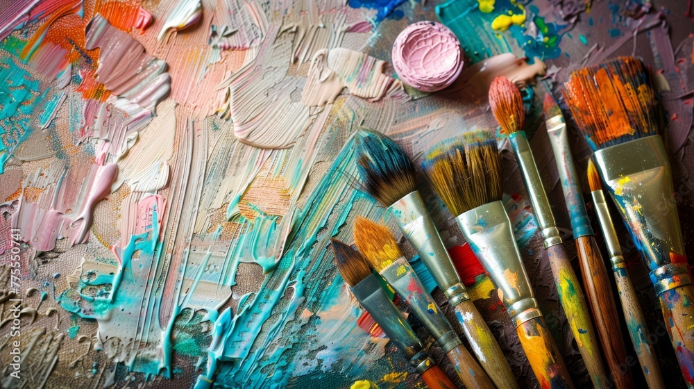 Fototapeta premium Brush equipment paintings tool colorful palette draw background.