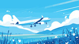 Illustration of an airplane landing in nature 2d fl