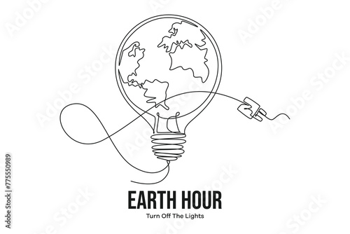 Continuous one line drawing earth hour day concept. Doodle vector illustration.