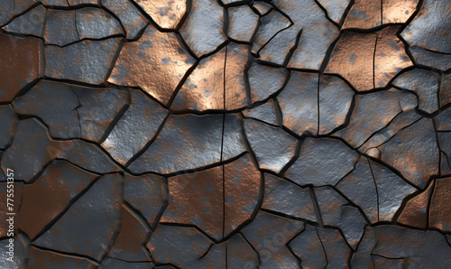 Cracked black Dragen Hide copper rust bronze aluminium rough Tileable Texture, Generative AI photo