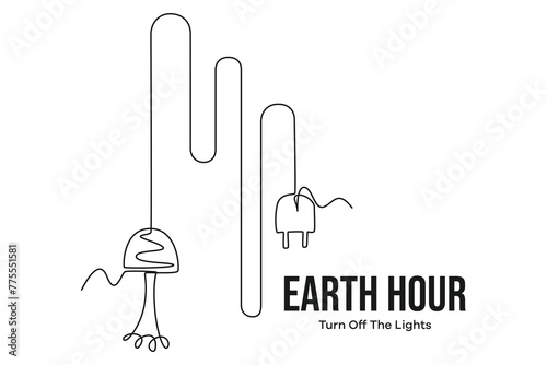 Continuous one line drawing earth hour day concept. Doodle vector illustration.